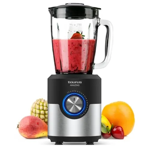 Taurus Amazing - Batidora de vaso JB1200XC, 1200W, Jarra de cristal de 175L, 5 velocidades + Turbo, Profesional con cuchillas de 6 hojas, Pica hielos, Acero Inoxidable, Apto lavavajillas