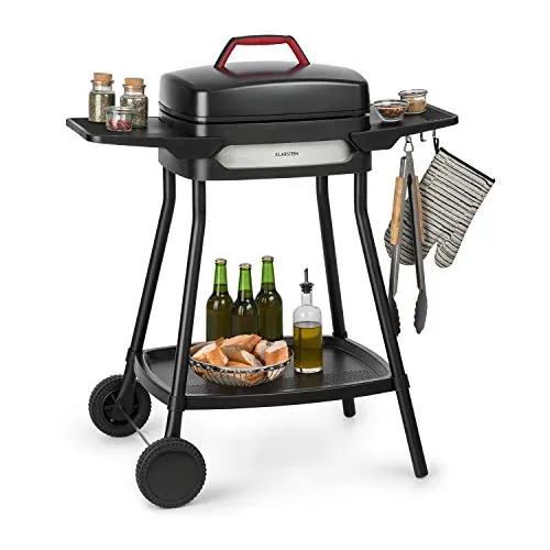 Klarstein Gatsby parrilla eléctrica, parrilla de pie y de mesa, 2000 W, EasyGrill Concept, superficie 40 x 36 cm, aluminio fundido a presión, antiadherente, campana, dos mesas laterales, negro