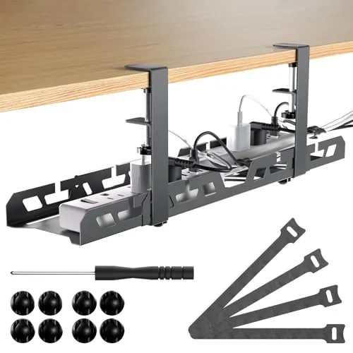 Bandeja Organizador de Cables Escritorio Extensible (39-66cm) - Gestión de Cables Bajo Mesa Sin Agujeros, Soporte Metálico Telescópico para Regletas y Oficina, Recoge Cables Escritorio - Negro