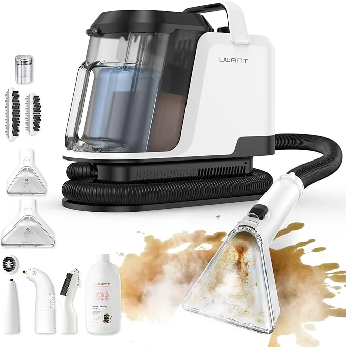 Uwant Aspiradora de Agua Tapiceria Lava y Aspira con Vapor Y100S 1750W 18KPa, 3 en 1 Frío/Agua Caliente 65℃/Vapor 100℃, Portátil, Cepillos mult. Limpia Sofá/Alfombras/Coche/Cocina, 2.4L Depósito