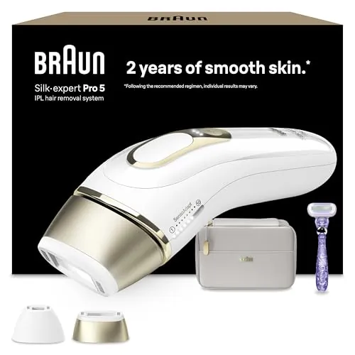 Braun Depiladora Luz Pulsada Silk·expert Pro 5 Alternativa a Depiladora Laser, IPL, con Funda, Cabezal de Precisión Y Maquinilla Venus, Eliminación del Vello en Casa, PL5157, Blanca/Dorada