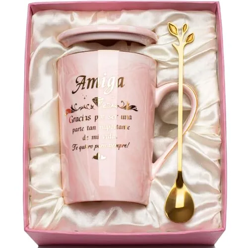 Regalo Amiga, Regalo Amiga Cumpleaños, Regalos Amigas Originales 14oz Taza de Cerámica Jaspeada Regalos para Amigas, Regalos para Mejores Amigas Mug con Tapas, Cucharas, Tarjetas, Cajas de Regalo