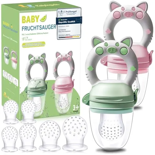 Chupete Fruta Bebe - Chupete para Fruta Bebe, 2 Alimentador Antiahogo + 8 Tetinas de Silicona(3 Tamaños Diferentes), Cosas para Bebes Mordedor Fruta, Verde+Rosa