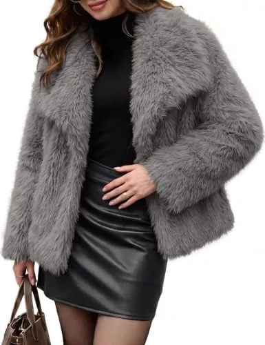 Tuopuda Chaqueta Mujer de Pelo Sintético Corta Invierno Cuello de Solapa | Forrada con Botones a Presión y Bolsillos Laterales para Fiestas, Bodas, Eventos Especiales y Uso Diario(Gris,XL)