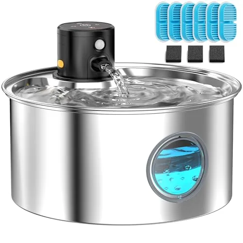 Fuente para Gatos y Perros: Bebedero Automático de Acero Inoxidable con Sensor de Movimiento - Dispensador de Agua a Pilas con 6 Filtros + 3 Esponjas