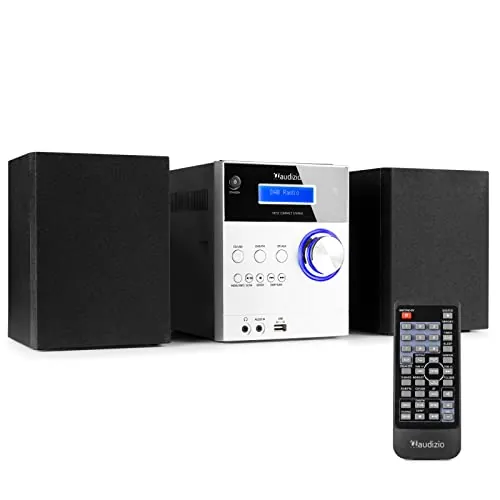 Audizio Metz Equipo de música HiFi con Altavoces, Minicadena con Radio Dab+, Bluetooth, Reproductor de CD, Entrada USB, Entrada Auxiliar, Incluye Mando a Distancia, Mini Cadena Color Aluminio