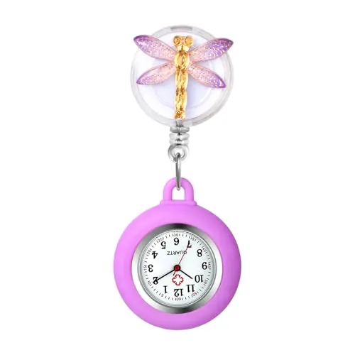Oidea Reloj de enfermera para enfermeras y médicos: diseño de libélula con cubierta de silicona retráctil, reloj de bolsillo colgante con clip de segunda mano, morado