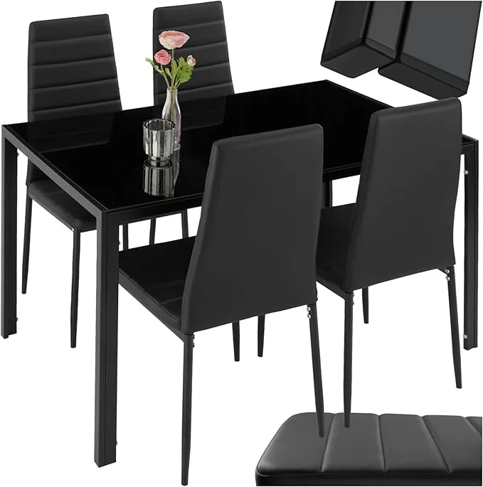 tectake® conjunto mesa y sillas de comedor, mesa con tablero cristal seguridad y 4 sillas cocina tapizadas cuero sintético, estructura acero, sillas comedor, set muebles de cocina - Negro