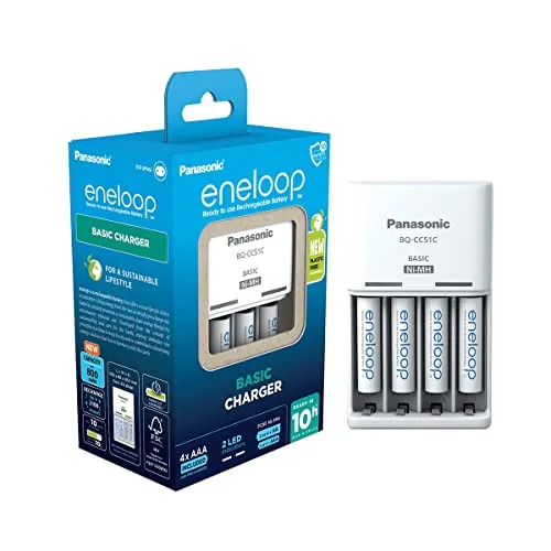 eneloop Basic. Cargador para 2 o 4 pilas AA/AAA Ni-MH con 4 pilas eneloop AAA/Micro de capacidad mejorada y 6 nuevas funciones de seguridad.