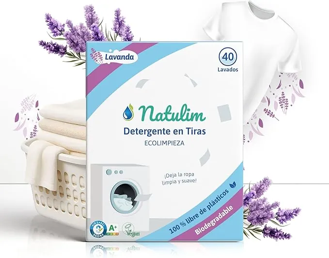 Natulim - Detergente en Tiras para Lavadora (40 Lavados) - Incluye Suavizante, Ecológico, Hipoalergénico, Made in Spain - Ropa limpia y suave sin ensuciar el Planeta (Fragancia Lavanda)