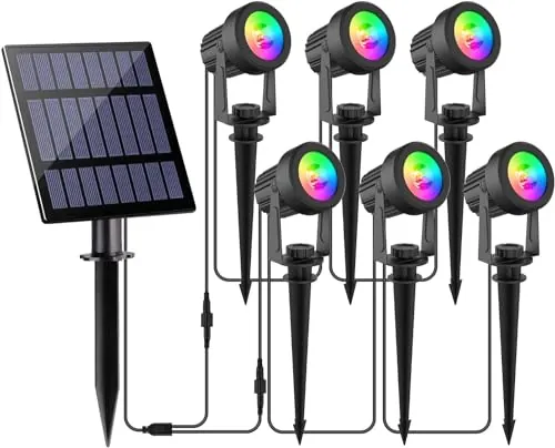 NATPOW Focos LED Exterior Solare RGB, 6 en 1 Luz Solar Arbol Exterior, IP65 Impermeable, 2 Niveles de Brillo de Crepúsculo a Amanecer Iluminación para Jardin, Patio, Caminos, Casa