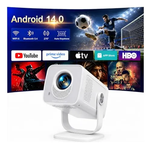 Proyector Portátil【Android 14.0 & App Integrada】 Proyector 4K/1080P Soporte Tiro Corto, Auto Keystone, WiFi 6 Bluetooth 5.4, TOPTRO MiniProyector Rotación 270° con Soporte Incluido para Cine en Casa