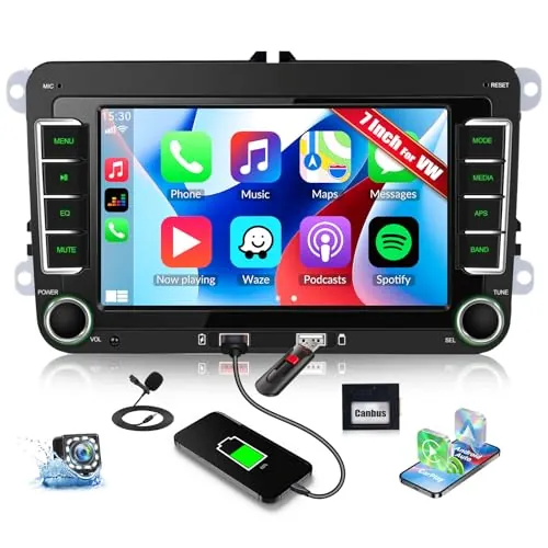 CAMECHO CarPlay Autoradio 7 Pulgadas para VW Golf 5 6 Polo Passat Seat Touran y Skoda Tiguan con Cámara Trasera, Radio Bluetooth con Inalámbrico Android Auto FM RDS Puertos USB Duales Sonido EQ