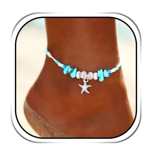 Handcess Boho Starfish Tobilleras Plata Turquesa Pulseras de tobillo Cuentas de playa Cadenas de pie para mujeres y niñas