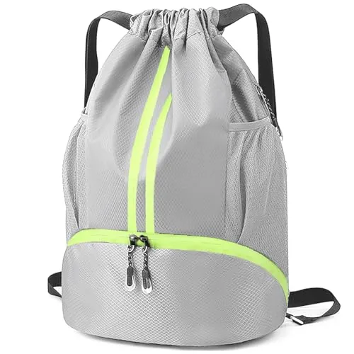 Veki Mochila Deportiva Cuerdas para Mujer Hombre, Bolsa de Cuerdas con Compartimento de Zapatos, Bolsa de Deporte Cordón, Bolso de Fútbol, Gimnasio Mochila para Senderismo, Viaje, Playa (Gris)