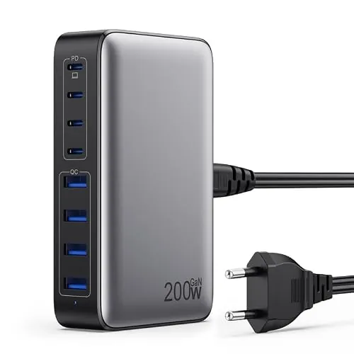 200W Cargador USB C Multiple, GAN III 8-Port USB C Cargador Portátil PD QC PPS Carga Rápida, 65W Portátil Adaptador Cargador Compatible con MacBook Air/Pro, iPhone, iPad Pro, Samsung Galaxy, Huawei