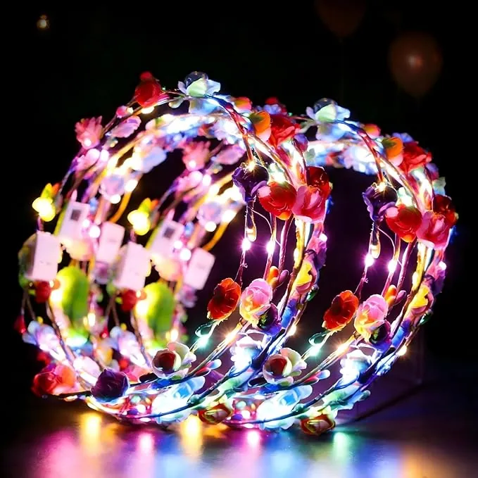 Corona de flores LED para la cabeza 12 piezas con cadenas de linternas brillantes Joyería para el cabello para mujeres y niños Diadema multicolor Adecuada para Halloween, bodas, celebraciones