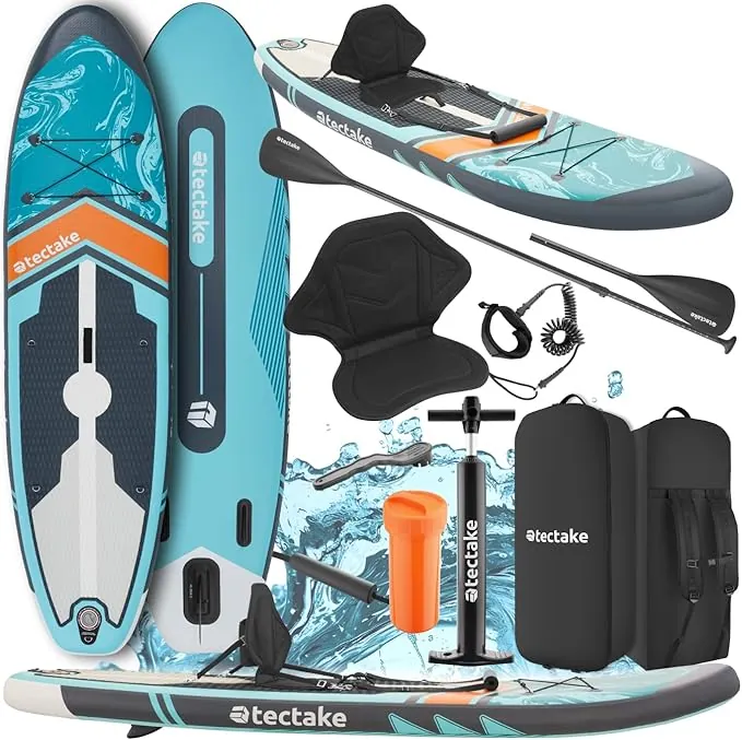 tectake® Tabla de Paddle Surf Hinchable, Incluye Remo 2 en 1, Asiento de Kayak, Bomba de Aire, Mochila de Transporte, Stand Up Paddle, Accesorios Paddle Surf, Tabla Hinchable
