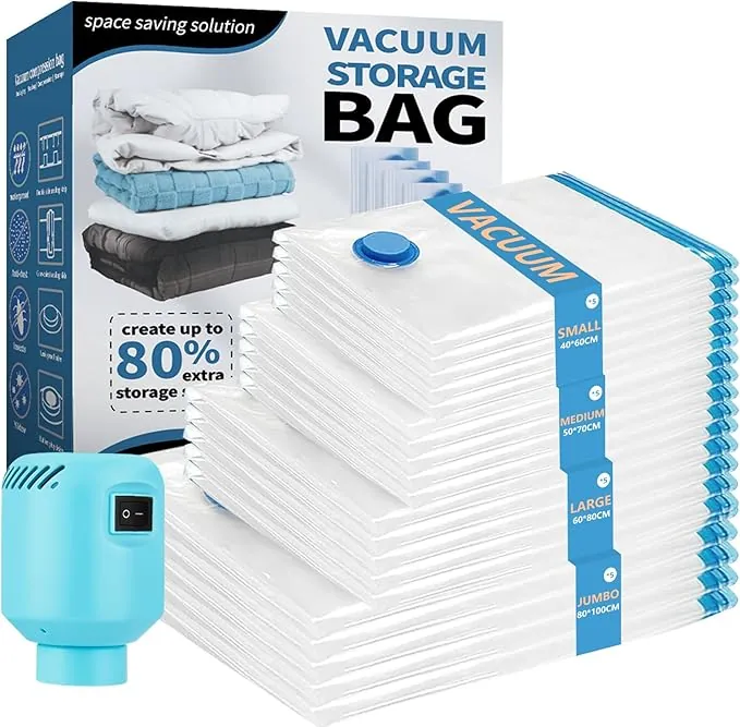 Bolsas de Vacío Ropa con Bomba Eléctrica, 20 Piezas Bolsas Vacío Para Ropa 5XL+5L+5M+5S para Guardar Ropa, Ropa de Cama, Almohadas, Mantas, Edredones, Bolsas ahorradoras de espacio