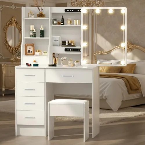 Saimeihome Tocador de Maquillaje con Espejo y Luces Regulables con Taburete | Tocador Blanco con 3 Colores de Luz, 6 Cajones, 6 Compartimentos, Mesa de Maquillaje para Dormitorio 80x36x130 cm