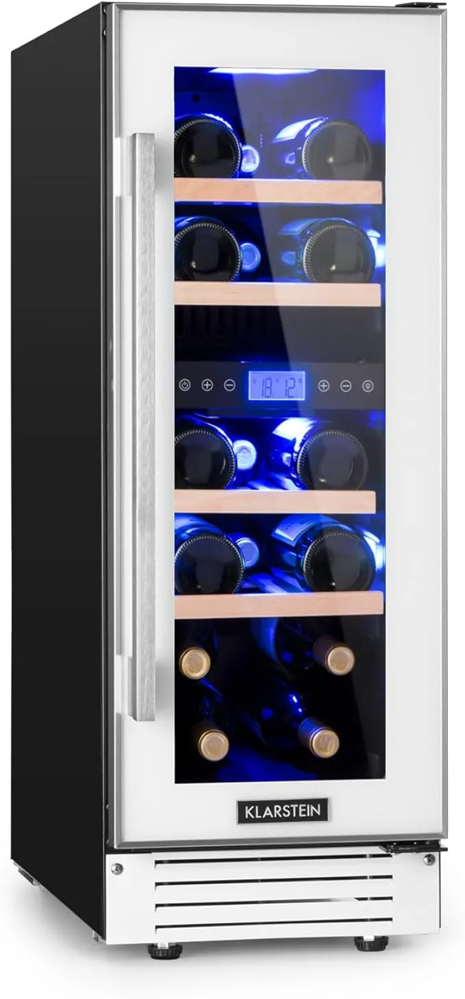 KLARSTEIN Vinoteca, Nevera para Vinos con 2 Zonas Refrigeración, Botellero Puerta Cristal para Vino, Proseco, Expositor Interior y Exterior, Panel Táctil, 53 L., Vinoteca Capacidad 17 Botellas