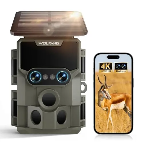 WOLFANG Cámara de Caza, Lente Dual Solar Cámara Fototrampeo 64MP 4K HD con Batería Interna de 5000mAh Ángulo de Detección de 120° Visión Nocturna Estrellada IP66 Impermeable
