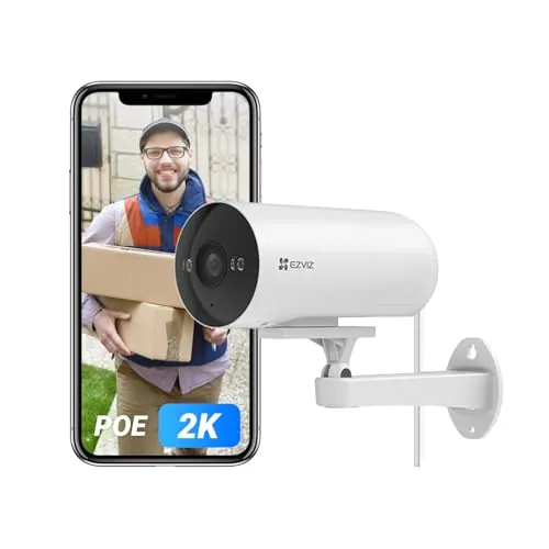 EZVIZ 2K Camara Vigilancia PoE H5 Camara Seguridad Exterior con Detección de Personas/Vehículos,Visión Nocturna en Color,Defensa Activa con Sirena y Luz Estroboscópica, Audio Bidireccional,IP67,Alexa