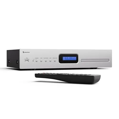 Auna Art22 Reproductor de CD Alta Fidelidad con Unidad de Ranura, Entrada USB, Reproducción CD-MP3, Mando a Distancia, Salidas Óptica & Coaxial – 130W – Plata