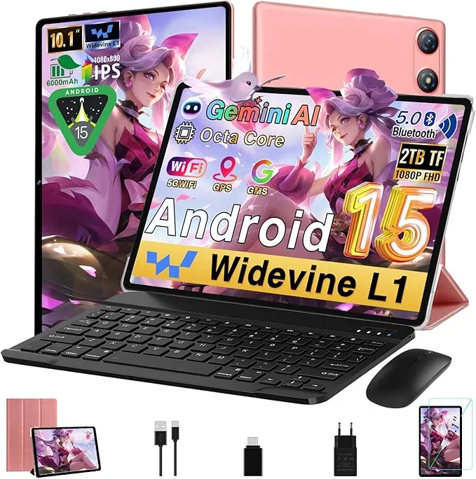 Tablet Android 15 10 Pulgadas 64GB ROM + 2TB TF, Gemini AI, Octa-Core 2.0Ghz, 1280 * 800 FHD IPS, Standby Extra Largo, 5G WiFi, Widevine L1, 5MP + 8MP, Face ID, GMS, Tablet con teclado y raton - Rosa