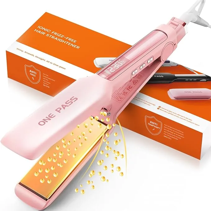 Faszin Plancha de Pelo con Placa de 42 mm de Ancho, Plancha de Titanio con Iones Negativos, Pantalla LED, Calentamiento Rápido de 30 s, Temperatura Ajustable de 11 Niveles (130-230 ℃)(Rosado)