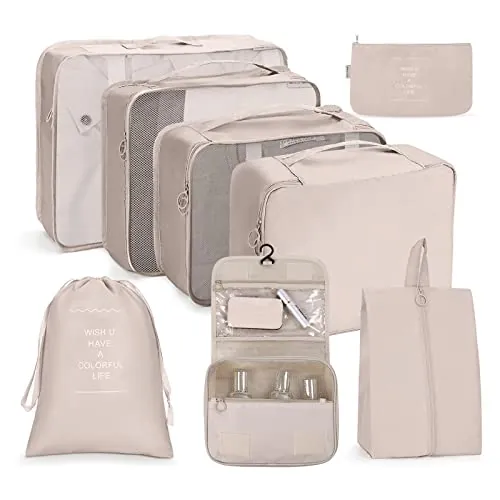 OSDUE Organizadores para Maletas,8 En 1 Set de Organizador de Equipaje Con Hebilla para Colgar y Neceser Impermeable Organizador Maleta Bolsas de Embalaje para Viaje Zapatos Ropa Cosméticos-Beige