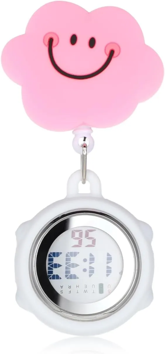 VILLCASE Reloj de enfermera con clip, reloj de enfermera, funda de silicona, reloj de bolsillo digital, reloj de bolsillo portátil, bonito patrón de nubes, relojes para enfermeras, médicos