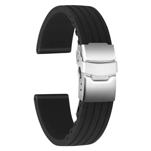 ULLCHRO Correa Reloj Calidad Alta Recambios Correa Relojes Caucho Stripe Pattern - 16mm, 18mm, 20mm, 22mm, 24mm Silicona Correa Reloj con Acero inoxidable Hebilla desplegable (22mm, negro)