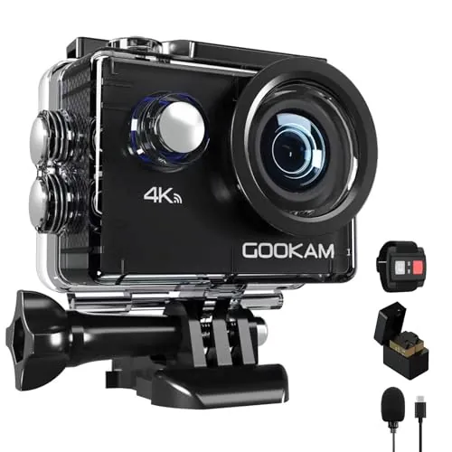 GOOKAM Cámara Deportiva 4K WiFi 20MP Ultra HD Cámara Acción Sumergible 40M Camaras Acuática 170° Gran Angular 2.4G Remoto y Micrófono Externo con 2 Baterías de 1050mAh y Accesorios Multiples-GO 2
