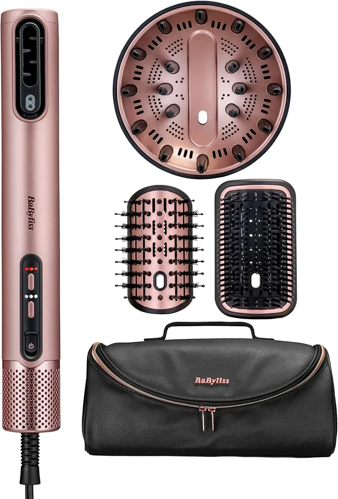 BaByliss Air Wand, Secador y moldeador 4 en 1, Difusor, Cepillo alisador y voluminizador, Neceser, Seca y peina a la vez, Tecnología iónica antiencrespamiento, Sin daño por calor, Rosa, AS6556E