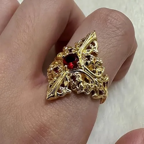 Exquisito anillo cruzado de filigrana con piedras preciosas sintéticas de color rojo rosa para mujer, banquetes, aniversario, joyería gótica, Cobre, Circonita cúbica