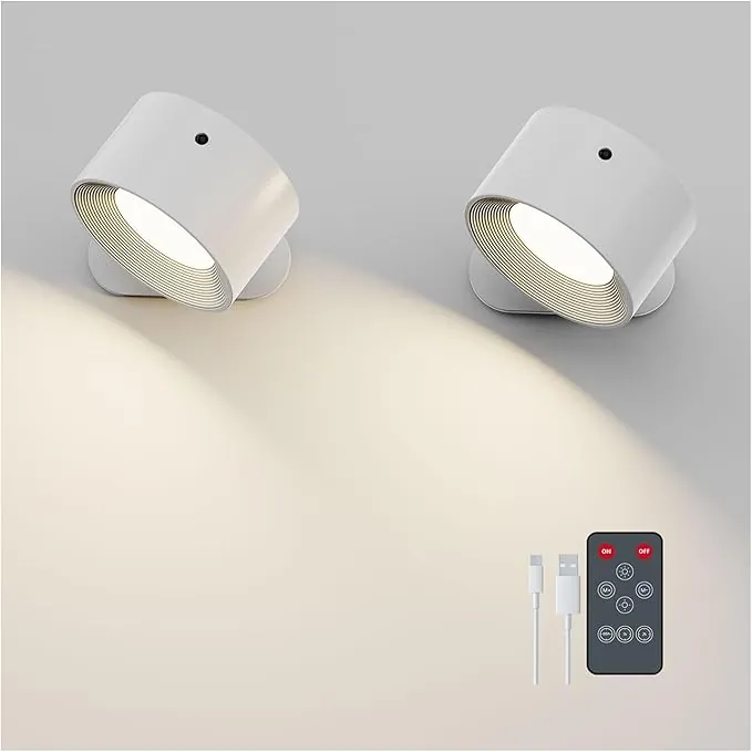 Feallive Lámpara de Pared 2 Pcs, Aplique Led Interior con Mando a Distancia Regulable con Batería Recargable 3 Niveles de Luminosidad 3 Modos de Color Orientable 360º para Dormitorio Blanco