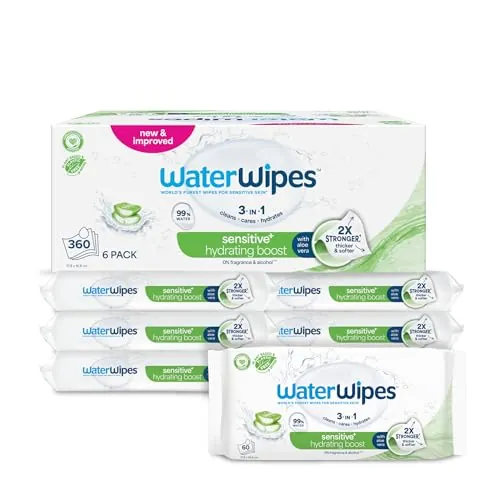 WaterWipes Sensitive+ Hydrating Boost Wipes, Toallitas Hidratantes, 360 unidades (paquete de 6), 3 en 1 Limpia, Cuida, Hidrata, 99% Agua con Aloe Vera, Toallitas sin perfume para bebés