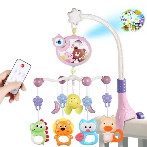 Aolso Móvil Musical para Cuna de Bebé,Colgante Para Cochecito Con Campana,Mando a distancia Móvil de cuna con proyección & Función de tiempo,Bebé Móvil para Cuna,Sonajeros para animales-rosa