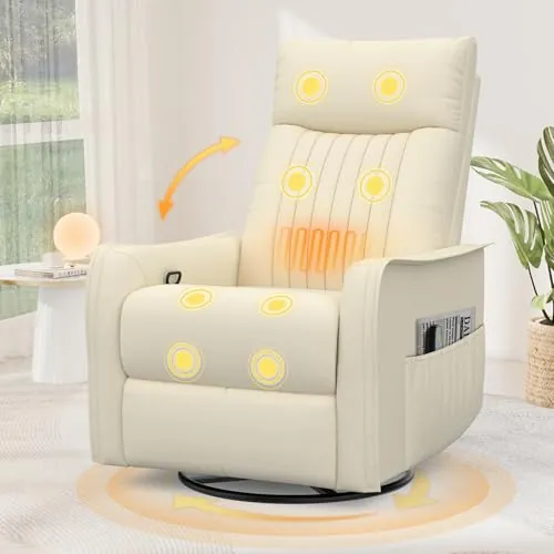 Srfzluxy Sillón reclinable Mecedora giratoria con Masaje y Calor, reposapiés extendido,Sillón reclinable 3 en 1 para Sala de Estar, sofá Individual Ajustable con Bolsillos Laterales Doble (PU Begie)