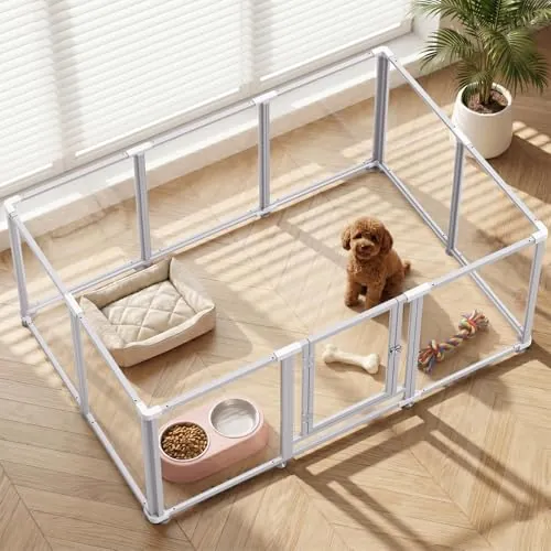 Homelio Parque para Perros Acrílico, Corralito para perros 10 Paneles | Con HD transparente de 360° ,Fácil instalación, Estructura metálica Robusto y Duradero, Ideal pequeños (Blanco)