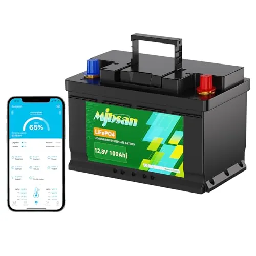 Mjbsan Batería de litio LiFePO4 de 12 V 100 Ah con tamaño pequeño y peso ligero, 100 A BMS y células de clase A, 4000-15000 ciclos con 10 años para autocaravanas, solares, barcos y camping