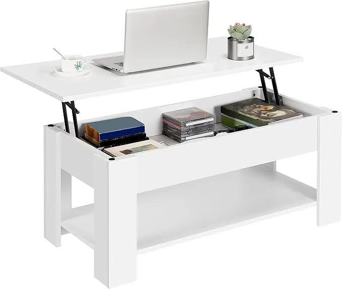 Yaheetech Mesa de Centro Elevable y Extensible con Revistero 98x50x(41,8-56) cm Mesa de Salón o Comedor Mesita Cafe con Estante Almacenamiento Oculto Blanco