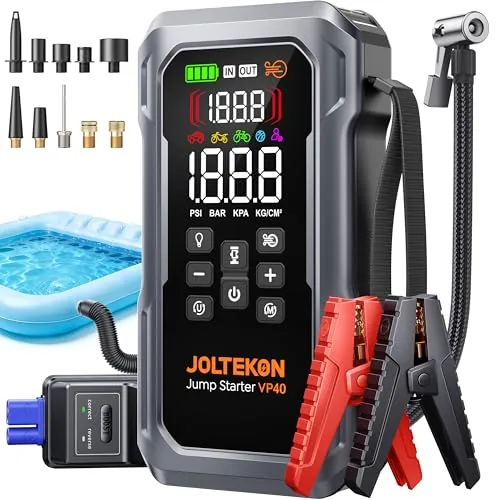 Arrancador de Baterías de Coche con Compresor de Aire, 6000A Joltekon Arrancador de Coche Portatil (Todo Gas/12,0L Diesel) con 160PSI Inflador, Función de Inflado/Desinflado, Pantalla y Linterna