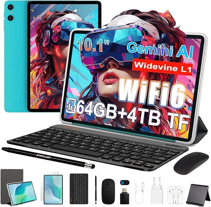 TECLAST P33 Tablet 10 Pulgadas Gemini AI, Android Tableta con 10 Accesorios, 64GB+4TB TF, 2GHz Octa-Core, Widevine L1, WiFi 6, 6000mAh/BT5.4/OTG, Tablet con Teclado+Lápiz+Funda+Ratón+Auriculares, 2026