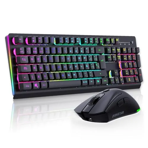 Zienstar-Teclado y Ratón Inalámbrico para Gamer,Aluminio Cepillado,Retroiluminación RGB,Batería Recargable 3800mAh,Teclas de Sensación Mecánica con Ñ