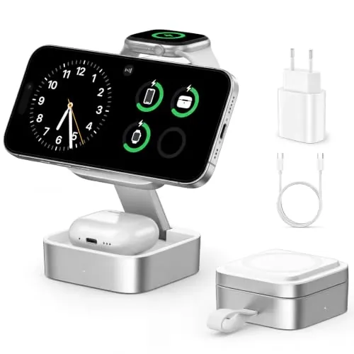 Estación de Carga 3 en 1 para Apple, Cargador inalámbrico magnético Plegable con mag-Safe para Serie iPhone 18/17/16/15/14/13/12/Air, Watch y AirPods 5/4/3/2/Pro con Cargador rápido (Blanco)
