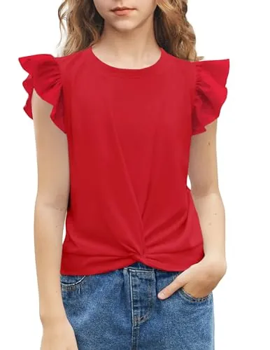 Arshiner Niñas Camisetas Mangas Volantes Casual Verano Camisas Niños Moda Cuello Redondo Algodón Básico Manga Corta Camiseta para Niñas Rojo 160