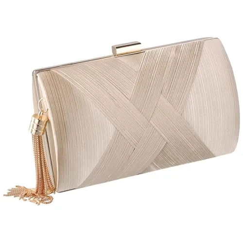 Amexo Bolso de Mano de Noche para Mujer, Bolso de Mano con Fleco Borlas Bolsos de Fiesta de Satén con Cadena para Boda Fiesta Noche Borla Colgante Cóctel Graduación (Champagne)