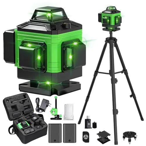Nivel láser autonivelante 360° X 4, láseer de construcción 4D con 16 líneas láser, modo de pulso para exteriores, 2 baterías, autonivelación, soporte rotativo, control remoto (verde Con Tripode)